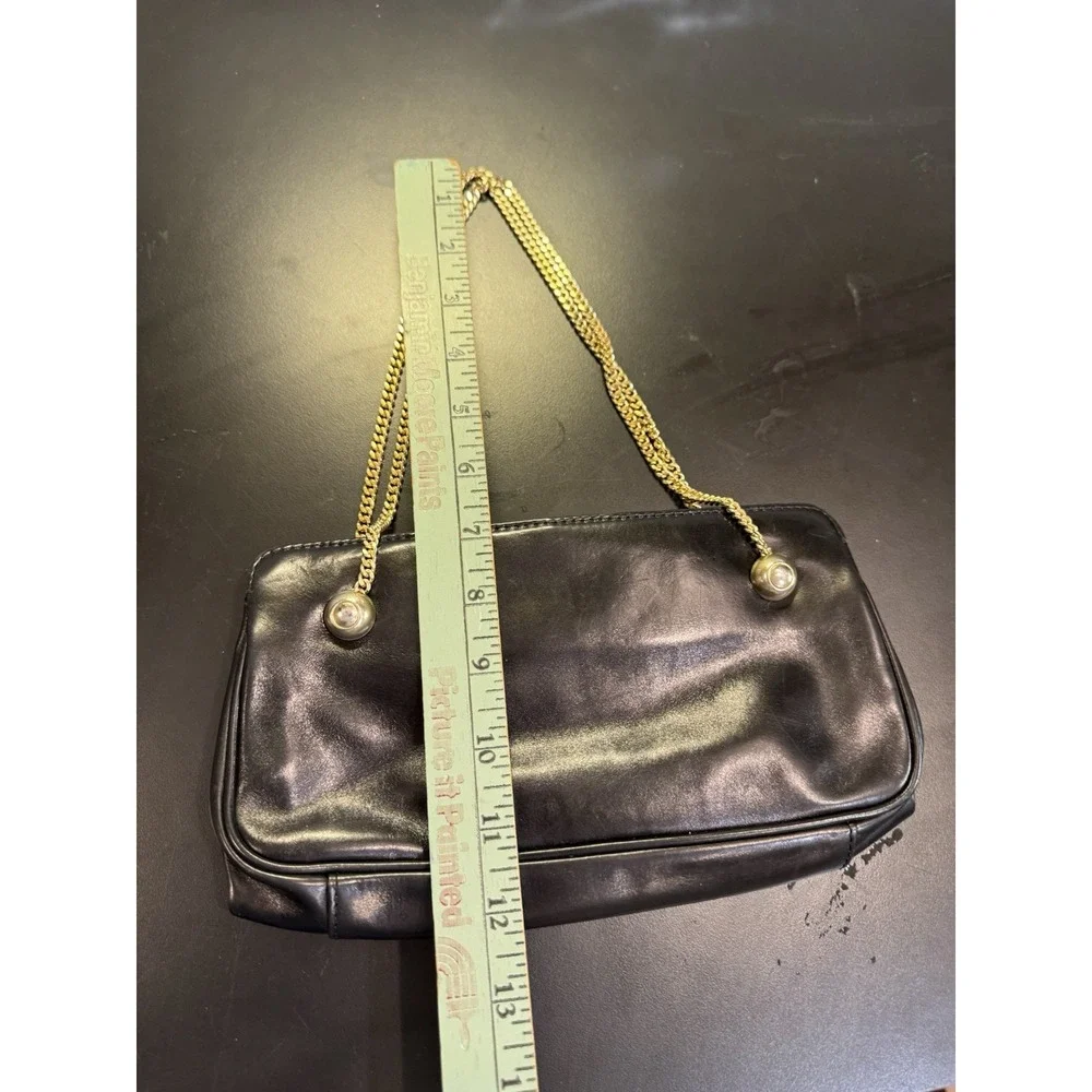 Vintage Black‎ Leather Franchi Handbag Double Gold Chain Handles Clasp